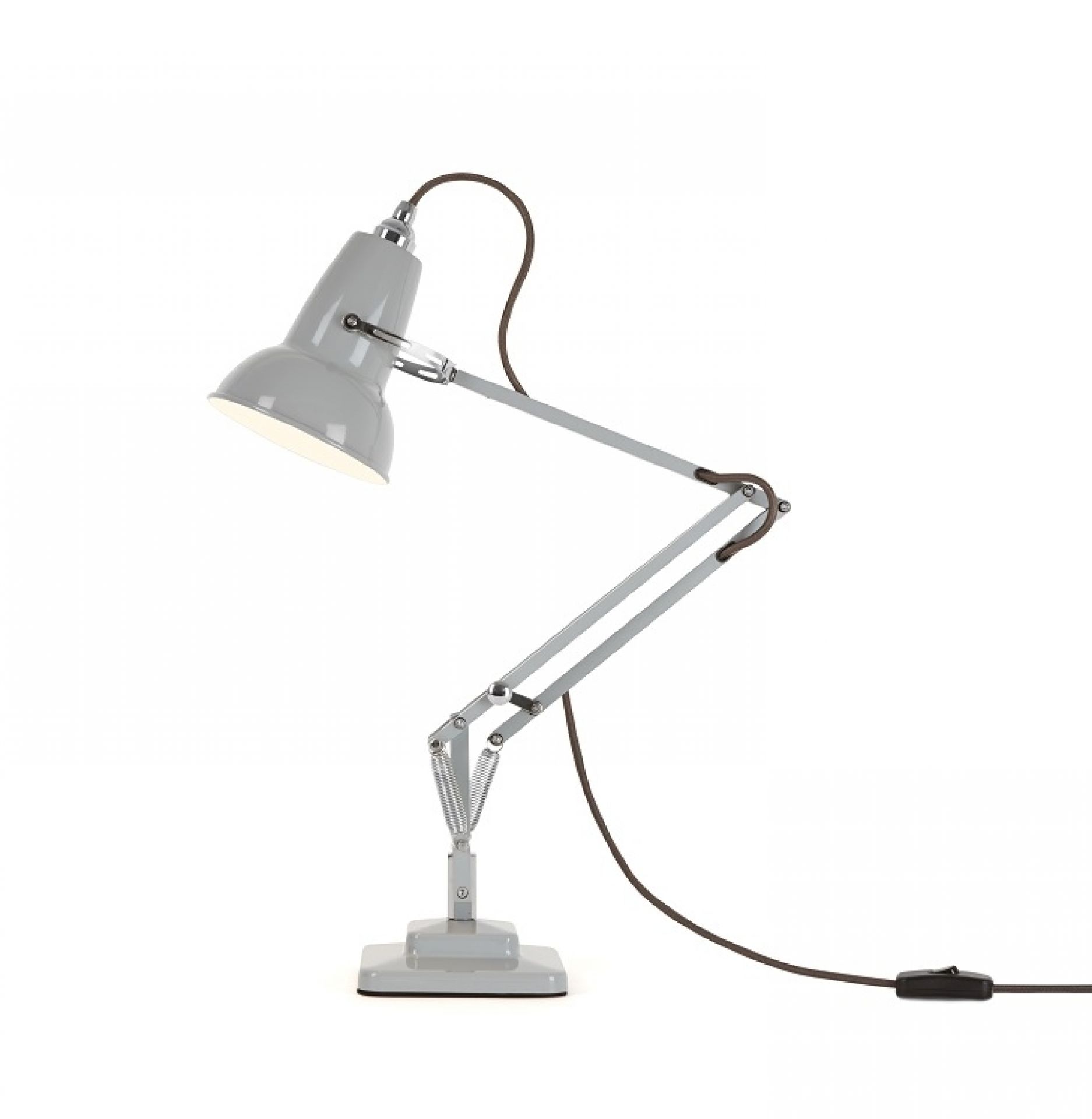 Graue Anglepoise Original 1227 Mini Tischleuchte mit verstellbarem Arm und braunem Kabel.
